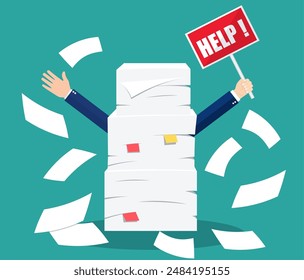 Stressed businessman under pile of office papers and documents with help sign. Stress at work. Overworked. File folders. Carton boxes. Bureaucracy, paperwork. Vector illustration in flat style