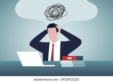 Stressed businessman working hard with a lot of papers. Overworked or Bad communication at office desk.