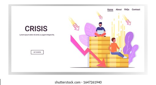 stressed businessmen sitting on coins stack using laptop falling down arrow financial crisis failure budget collapse bankruptcy concept horizontal copy space vector illustration