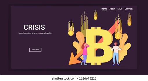 stressed businesspeople frustrated about fallen in price bitcoin collapse of crypto currency falling down arrow financial crisis bankrupt investment risk concept full length horizontal copy space