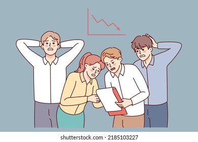 Stressed businesspeople frustrated with bad financial statistics. Unhappy employees worried with finance crisis. Work problems. Vector illustration. 