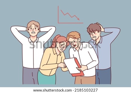 Stressed businesspeople frustrated with bad financial statistics. Unhappy employees worried with finance crisis. Work problems. Vector illustration. 