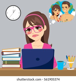 Stressed Businesswoman back to work dreaming about her happy romantic vacation
