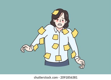Stressed businesswoman covered in sticky notes on body overwhelmed with work schedule and plans. Distressed woman employee with multiple notifications overwork multitask. Vector illustration. 