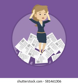 Stressed businesswoman having a lot of paperwork. Businesswoman surrounded by lots of papers. Woman standing in the heap of papers. Vector flat design illustration in the circle isolated on background