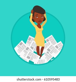 Stressed businesswoman having a lot of paperwork. Businesswoman surrounded by lots of papers. Woman standing in the heap of papers. Vector flat design illustration in the circle isolated on background