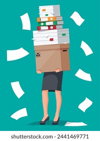 Stressed businesswoman holds pile of office documents. Overworked business woman with stacks of papers. Stress at work. Bureaucracy, paperwork, big data. Vector illustration in flat style