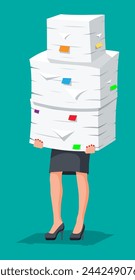 Stressed businesswoman holds pile of office documents. Overworked business woman with stacks of papers. Stress at work. Bureaucracy, paperwork, big data. Vector illustration in flat style