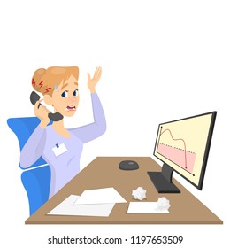Stressed Businesswoman or office worker sitting at the desk and looking at the falling down graph in panic. Talking to angry customer on the phone. Vector illustration in cartoon style.