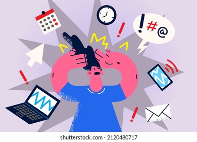 Stressed businesswoman overwhelmed with work tasks manage to meet deadline in office. Anxious female worker or employee frustrated with job plans and notification. Vector illustration. 