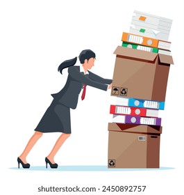 Stressed businesswoman pushing pile of office documents. Overworked business woman with stacks of papers. Stress at work. Bureaucracy, paperwork, big data. Vector illustration in flat style