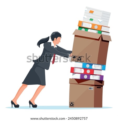 Stressed businesswoman pushing pile of office documents. Overworked business woman with stacks of papers. Stress at work. Bureaucracy, paperwork, big data. Vector illustration in flat style