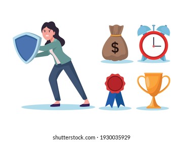 stressed businesswoman with shield and information overload icons, vector illustration designs