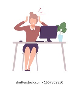 Stressed Businesswoman Sitting at the Desk Working at Computer, Young Woman Looking Scared into Computer Screen Flat Vector Illustration