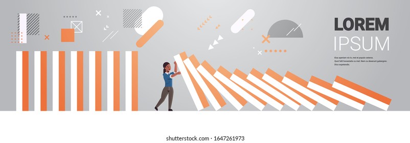stressed businesswoman stopping domino effect crisis management chain reaction finance intervention conflict prevention concept horizontal full length copy space vector illustration