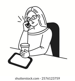 Stressed businesswoman talking on phone linear icon. Woman holding coffee cup near tablet in office doodle character thin line illustration