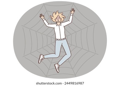 Stressed businesswoman trapped in spider web. Scared frustrated female employee in cobweb suffer from despair. Vector illustration.