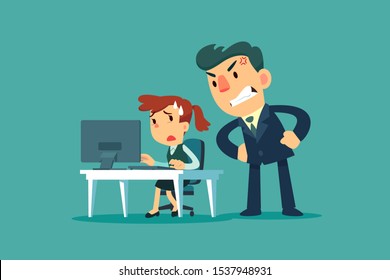 Stressed businesswoman working at her office desk with angry boss stand behind her. Stressful business concept.