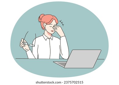 Stressed businesswoman working on computer suffer from blurry vision or dizziness. Unhealthy female employee suffer from migraine overwork on laptop. Fatigue. Vector illustration.