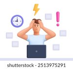 Stressed and busy man working on computer, holding head in hands, failed to meet deadline. Deadline pressure, stressful job. 3d vector people character. Cartoon minimal style.
