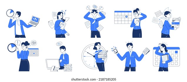 Stressed busy office people, deadline and burnout stress. Business people anxiety and deadline stress flat vector illustration collection. Tired stressed office characters