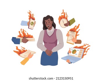 Stressed and busy worker given urgent work, deadline of projects. Vector female personage shy and sad, confused woman multitasking and managing company, running business. Flat cartoon characters