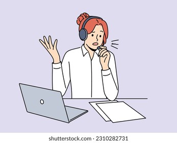 Stressed call center agent in headset talk with client consult about problem solving. Anxious female employee speak with customer help with online trouble. Vector illustration. 