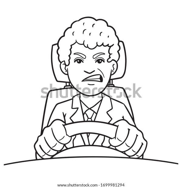 A stressed car\
driver sits behind the wheel and bares his teeth. stress, traffic\
jam, monochrome, trouble.
