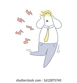 Stressed cartoon business man, stress at work. The man clutching his head runs from lightning, escape from problems. Flat clean line isolated vector illustration on white background.