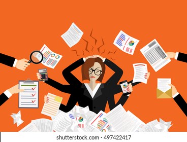 Stressed cartoon business woman in pile of office papers and documents. Stress at work. Overworked. Vector illustration in flat design 