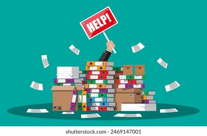 Stressed cartoon businessman in pile of office papers and documents with help sign. Stress at work. Overworked. File folders. Carton boxes. Bureaucracy, paperwork. Vector illustration in flat style