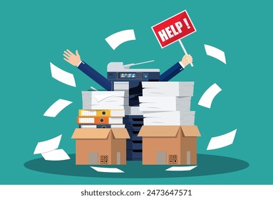 Stressed cartoon businessman in pile of office papers and documents with help sign. Stress at work. Overworked. File folders. Office multifunction machine. Vector illustration in flat style