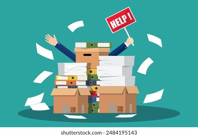 Stressed cartoon businessman in pile of office papers and documents with help sign. Stress at work. Overworked. File folders. Carton boxes. Bureaucracy, paperwork. Vector illustration in flat style