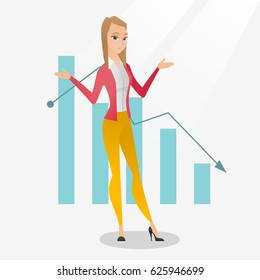 Stressed caucasian bancrupt standing on the background of decreasing chart. Young bancrupt business woman with spread arms. Business bankruptcy concept.Vector flat design illustration. Square layout.
