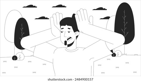 Hombre caucásico estresado agarrando la cabeza ilustración de línea en blanco y negro. Hombre europeo asustado perdido en madera dibujo animado personaje aislado en blanco. Borde del Vector de escena monocromo negativo