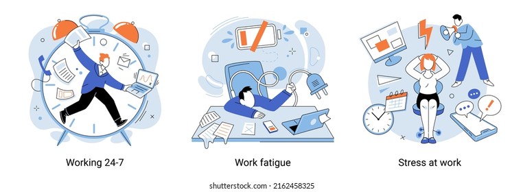Stressed characters workload, deadline. Exhausted employees distressed with job. Work fatigue and stress concept. Owerworking people, workaholics with emotional disorder metaphor. Stress at work
