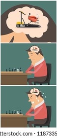 stressed chess player with his mental exercise cartoon character illustrations