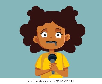 
Stressed Child Suffering from Public Speaking Phobia Vector Cartoon. Little girl suffering from glossophobia standing silent holding a microphone
