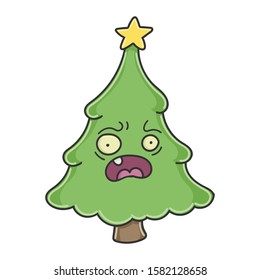 Stressed Christmas tree cartoon character isolated on white