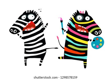 Stressed and Colorful Zebras Psychological Cartoon. Funny animal stress relief with colors and drawing concept.