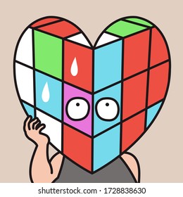 Stressed And Confused Girl Holding Her Messed Up Puzzling Geometric Heart Shapes Head Concept Card Character illustration.ai 