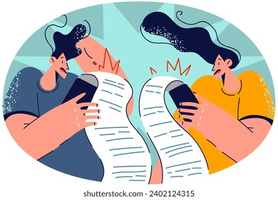 Stressed couple frustrated with long payment lists. Unhappy man and woman confused with expenses or expenditures on paper. Bills and taxes paying. Vector illustration.