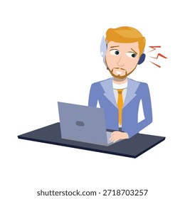 Agente de Servicio al cliente estresado que tiene dolor de cabeza en la Ilustración vectorial de escritorio