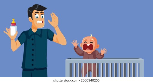 
Stressed Dad Preparing Formula for Hungry Baby Vector Cartoon. Child feeling hungry crying during nighttime 
