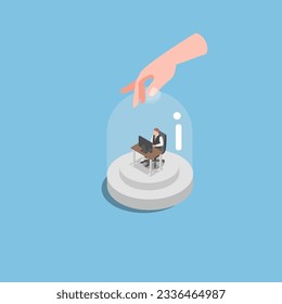 Stressed Depressed businessman stuck working inside closed jar isometric 3d vector illustration concept for banner, website, illustration, landing page, flyer, etc