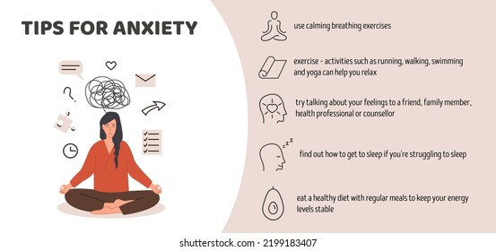 Stressed depressed woman with anxiety disorder. Useful tips and advices for anxiety management infographic. Anxious person suffering with mental problem. Vector illustration flat design.
