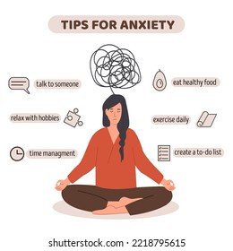 Stressed depressed woman with anxiety disorder. Useful tips and advices for anxiety management infographic. Anxious person suffering with mental problem square card. Vector illustration flat design.