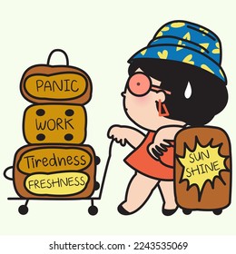Stressed And Depressed Young Woman Brings Weird Feelings In Her Luggages After Coming Back From A Vacation Trip. Post-Vacation Blues Syndrome Concept Card Character illustration