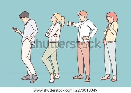 Stressed diverse people stand in queue. Distressed anxious men and women waiting in line. Vector illustration. 