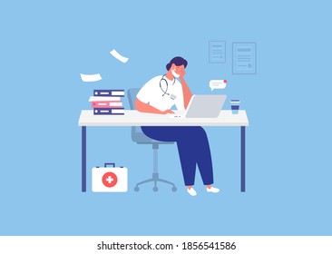 Stressed Doctor Sitting With Laptop In Office. Overworked Doctor. Burnout. Vector